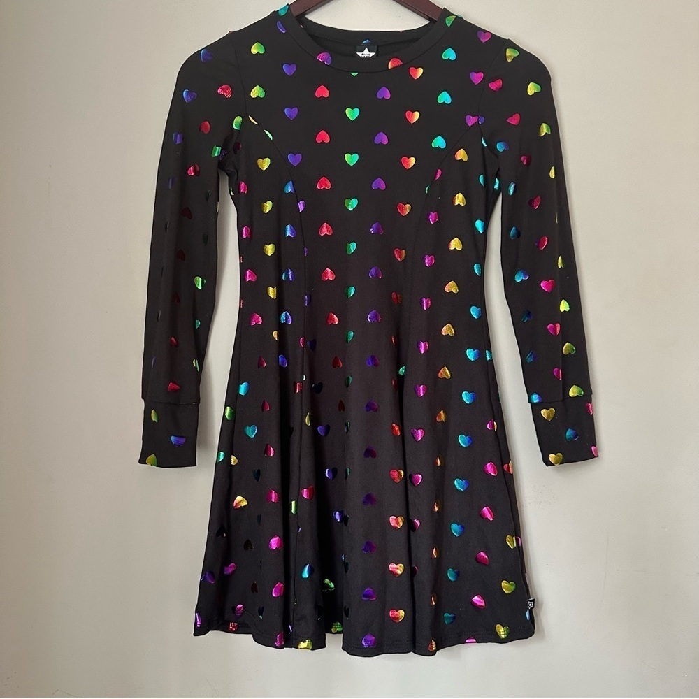 Pixie Lane | Black Foil Rainbow Heart Dress | Size 9/10